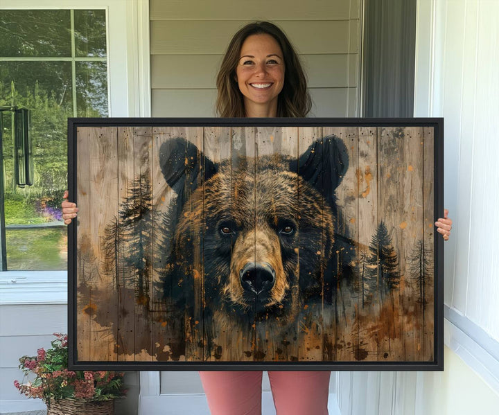 Abstract 399 Bear Wall Art showcases a bears face intertwined with forest trees, ideal for enhancing rustic lodge, cabin, or barn decor.