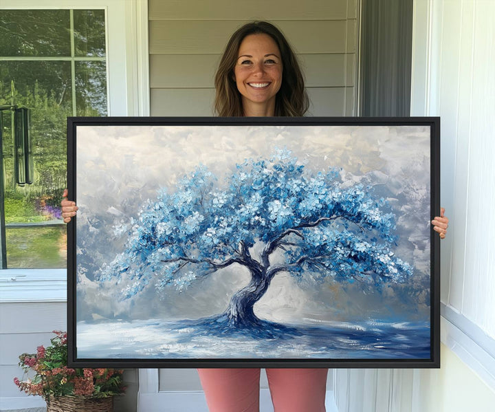 Abstract Blue Tree Art Print featuring textured blues and grays, perfect for farmhouse decor.