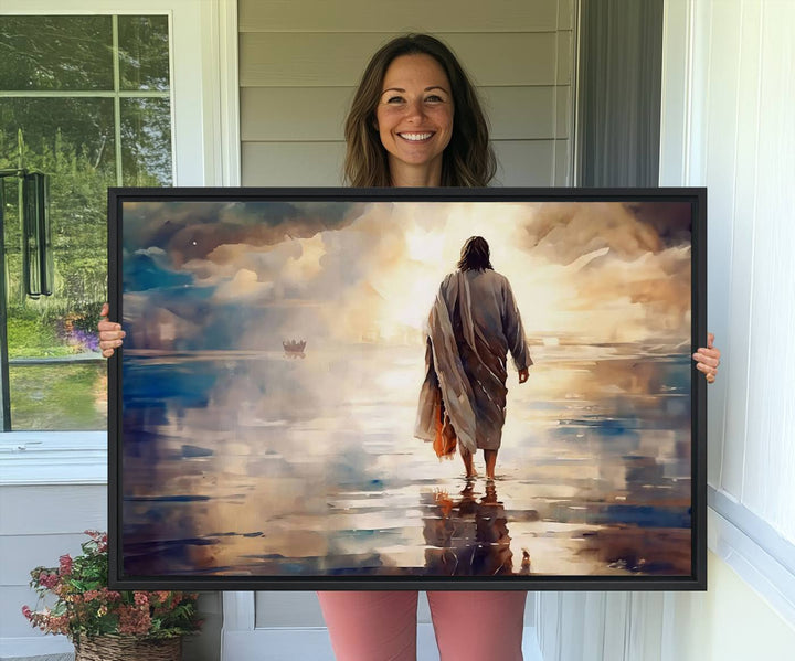 The wall art depicts a robed figure walking on water towards a boat, framed by a stunning sunset. This is showcased in the Jesus Walking on Water Triptych Canvas Print.