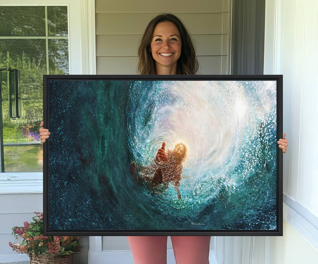 A swimmer heads towards light in an ethereal vortex on the Powerful Jesus Canvas Print - Hand of Salvation, Inspirational Wall Art.