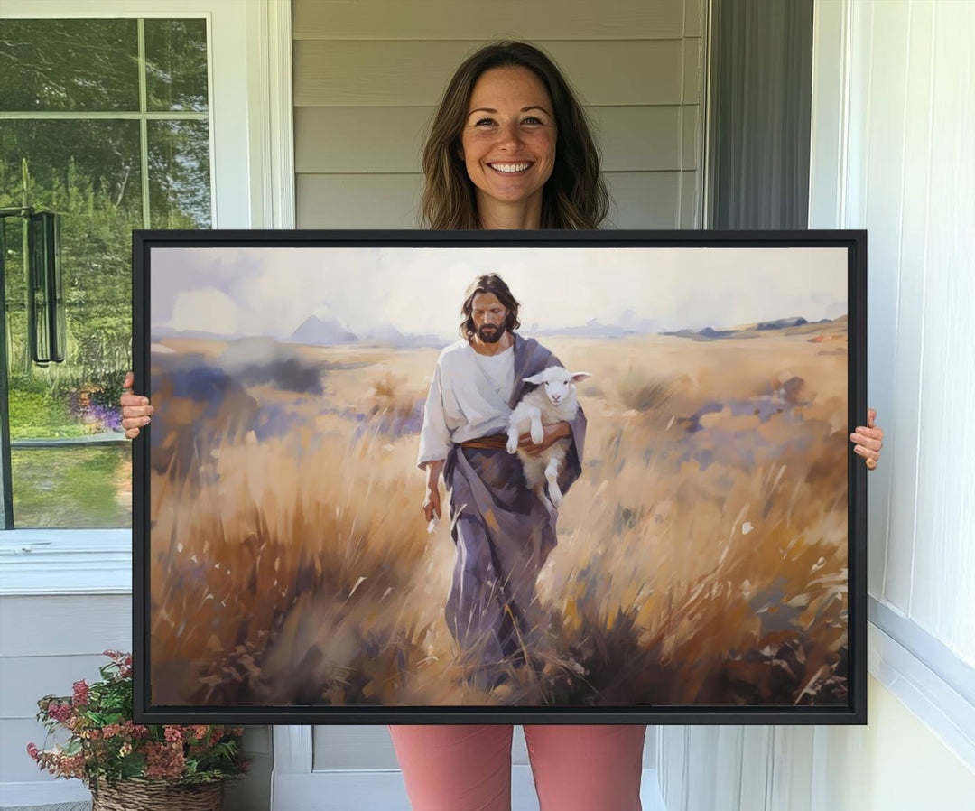 A canvas art piece depicts a bearded man carrying a lamb in a field, reminiscent of Jesus the Good Shepherd, ideal for prayer room decor.