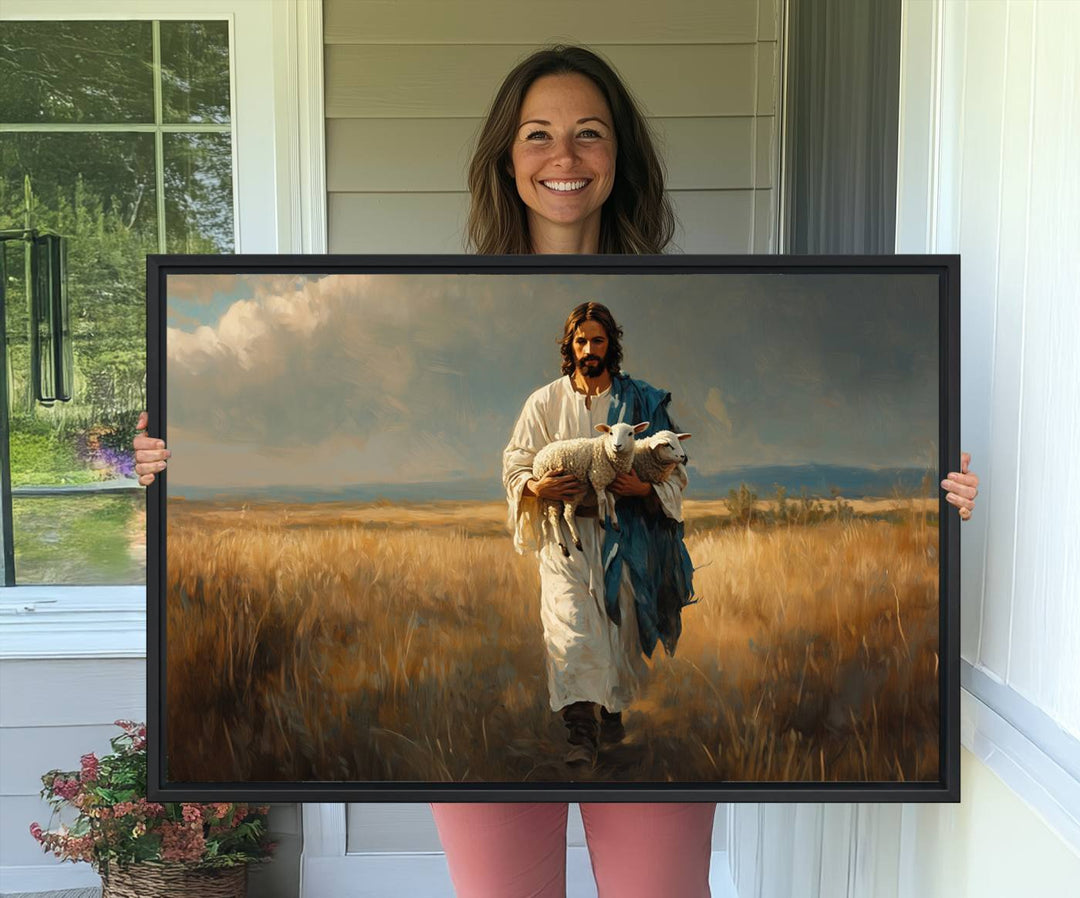 This Jesus Shepherd Wall Art depicts a figure in a white robe carrying a lamb, making it an ideal piece of Christian decor for your home.