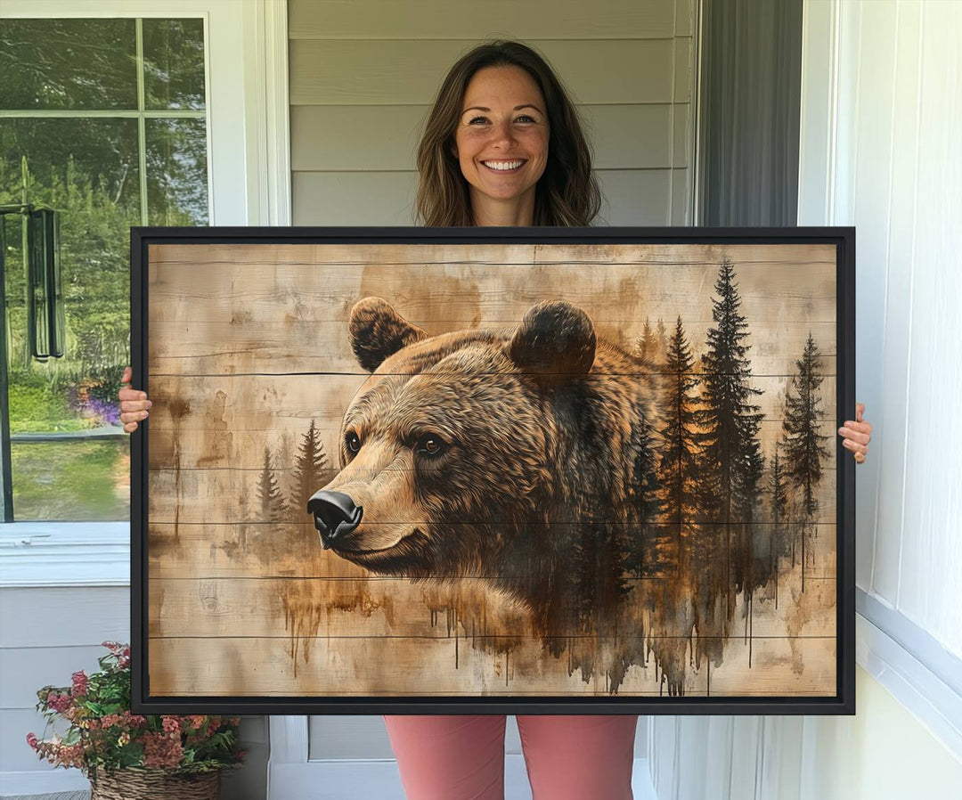 The Three-panel Abstract Grizzly 399 Bear Wall Art Canvas Print, depicting a bear and woodland scene, enriches the farmhouse decor with its wooden texture.