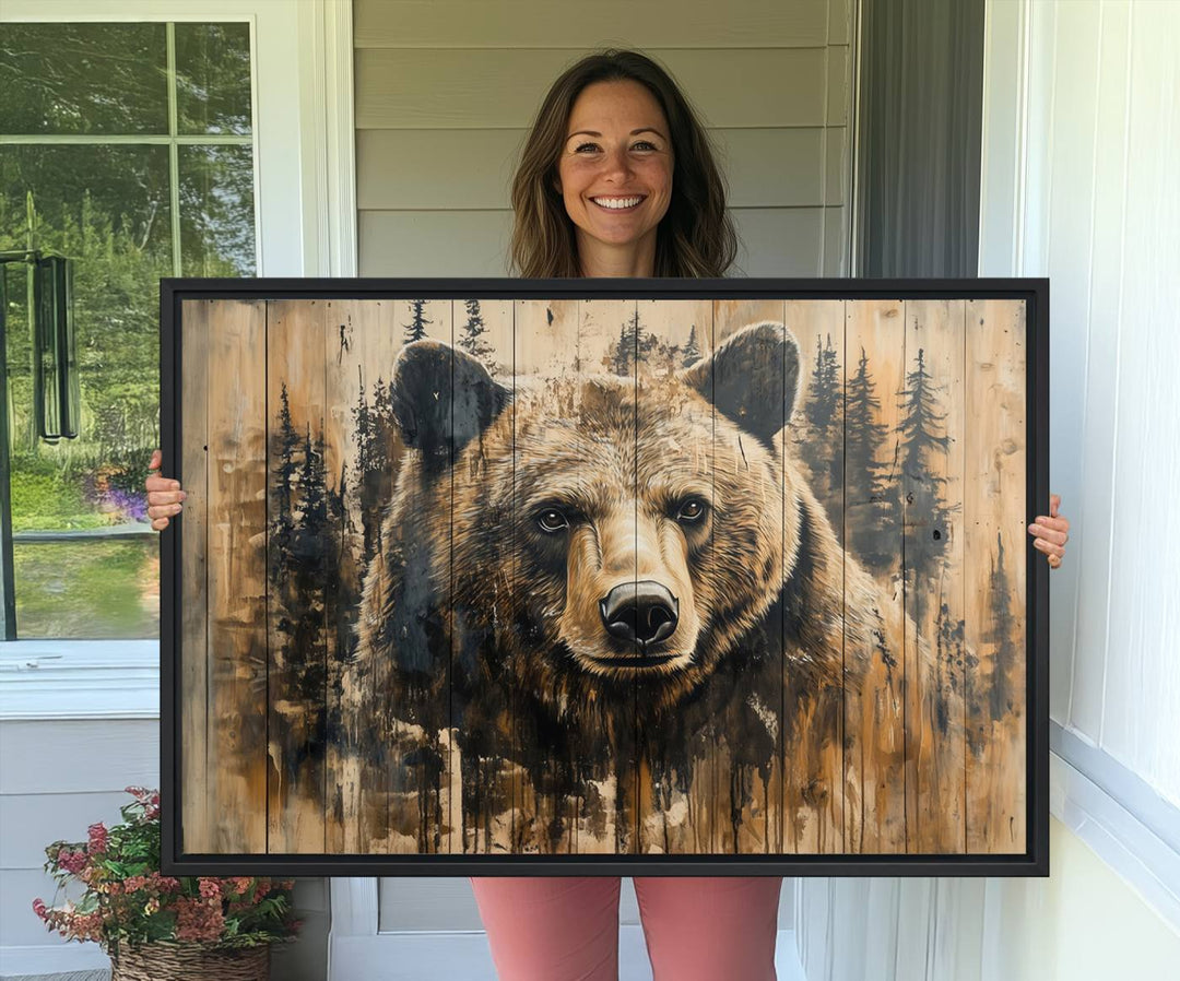 Majestic Grizzly 399 Bear 3-panel rustic canvas print with woodland theme.