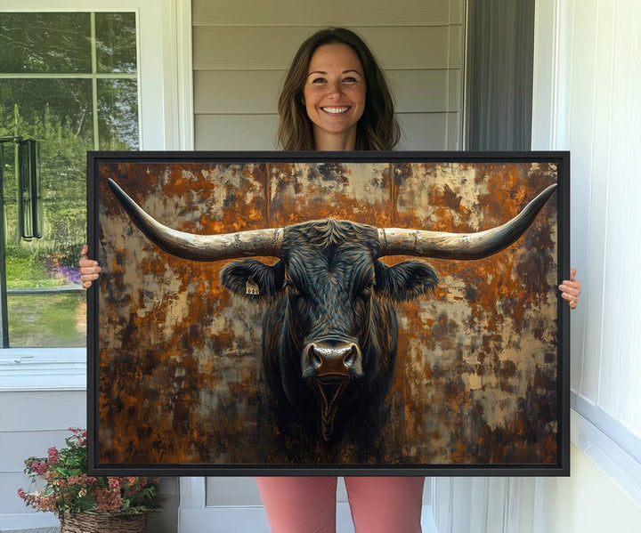 The Longhorn Texas Cow Bull Wall Art canvas print showcases rustic farmhouse decor.