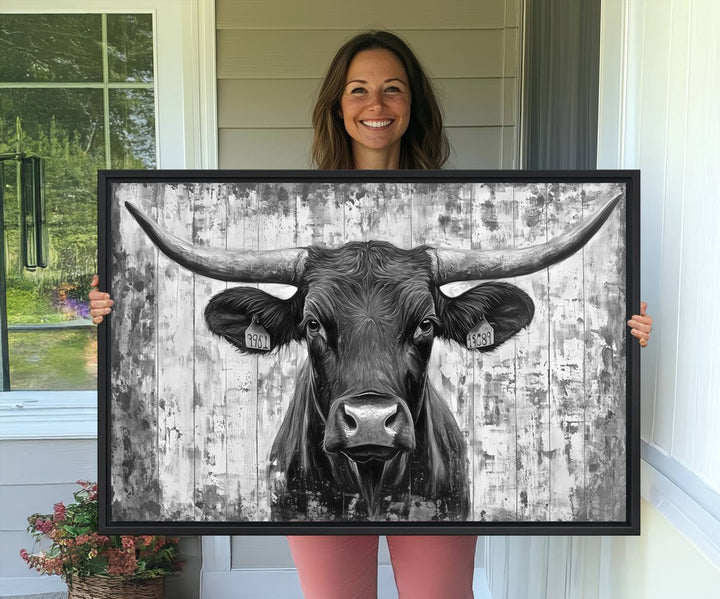 Abstract Longhorn Bull canvas print, featuring rustic Texas-themed wall art on a wooden background, ideal for Western decor.