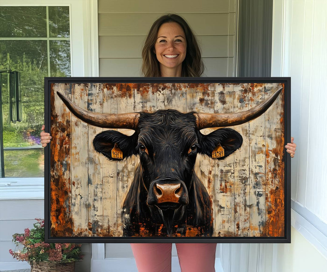 Black bull painting with horns and ear tags, ideal for rustic Texas decor - Abstract Cow Longhorn Bull Canvas Print.