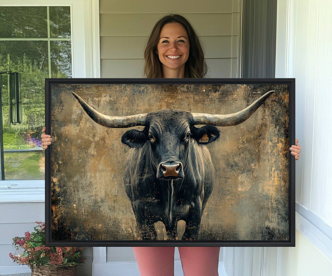 The Longhorn Bull Canvas Print features a bull with prominent horns facing forward, depicted in abstract Texas Western art style.