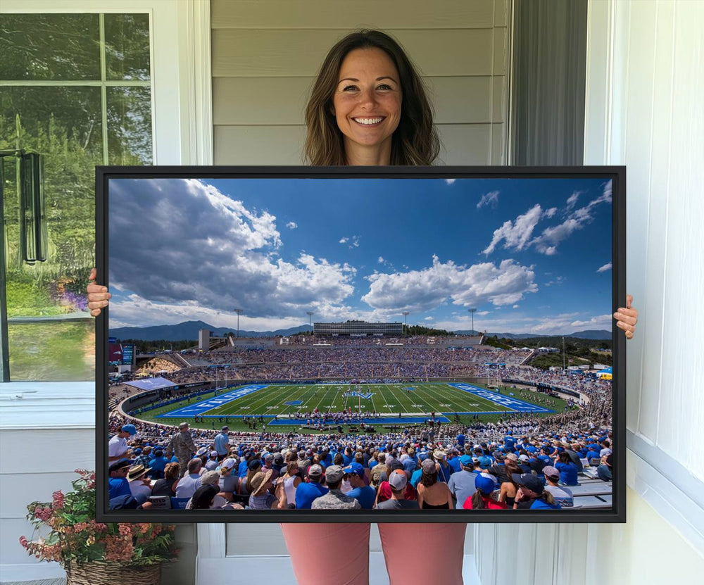 The Colorado Springs Falcon Stadium Wall Art Print captures the Air Force Falcons set against partly cloudy skies.