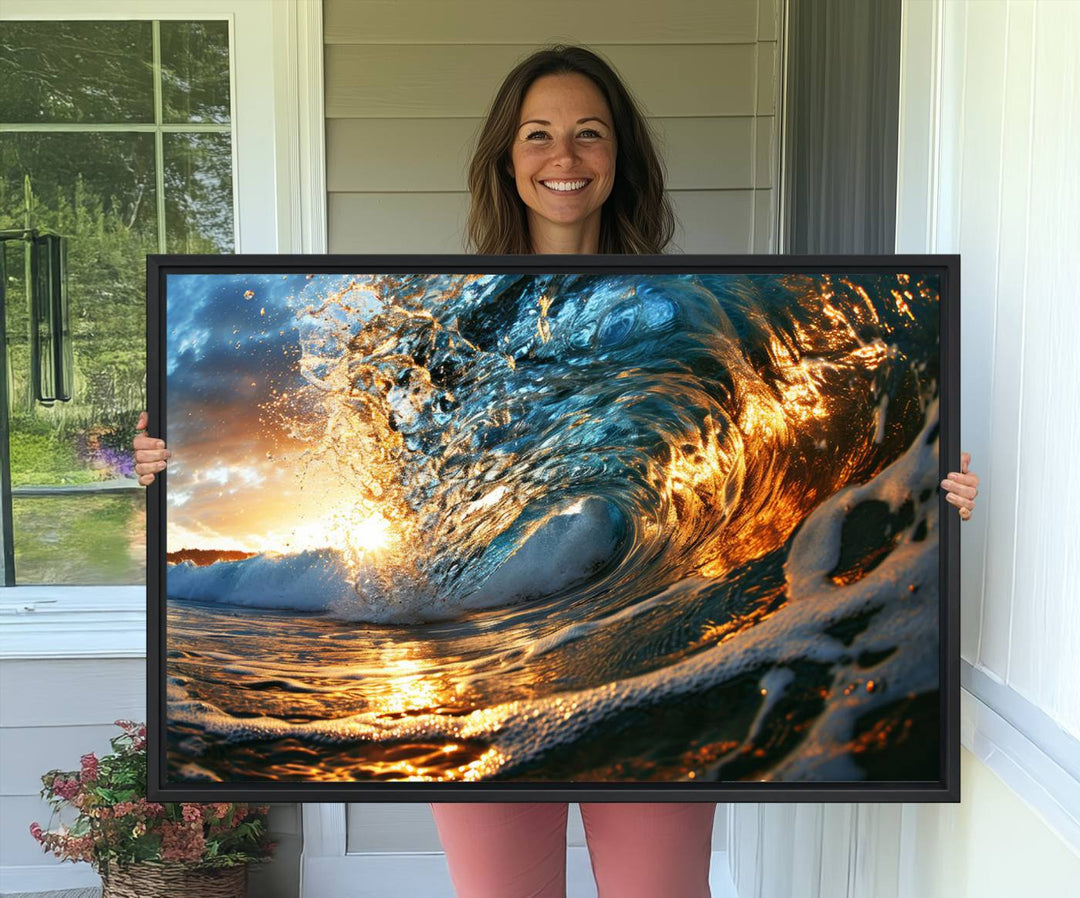 The Ocean Wave at Sunset canvas captures fiery waves with golden and blue hues, making it a perfect addition to nautical-themed decor.