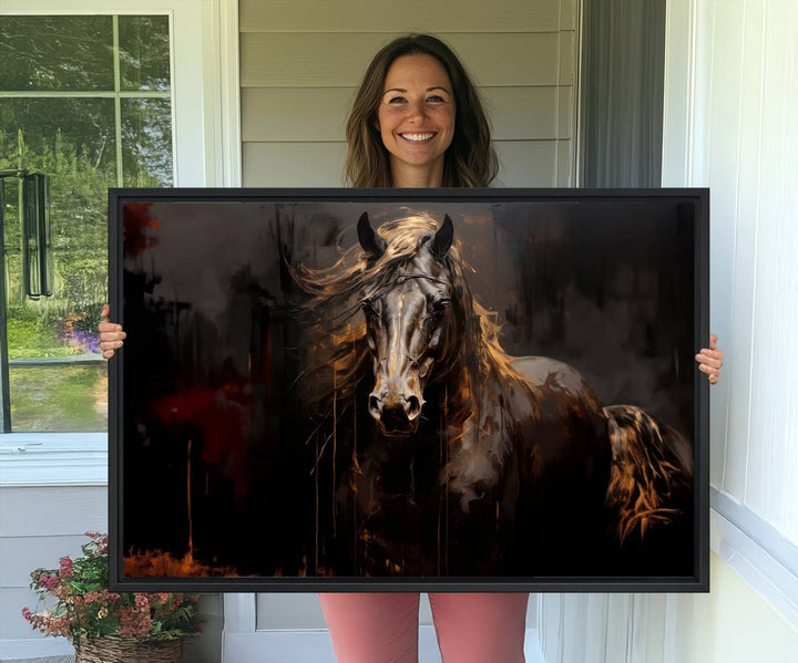 Abstract Black Horse Canvas Print – Featuring an equine spirit with a flowing mane on a dark background, perfect as farmhouse wall art.