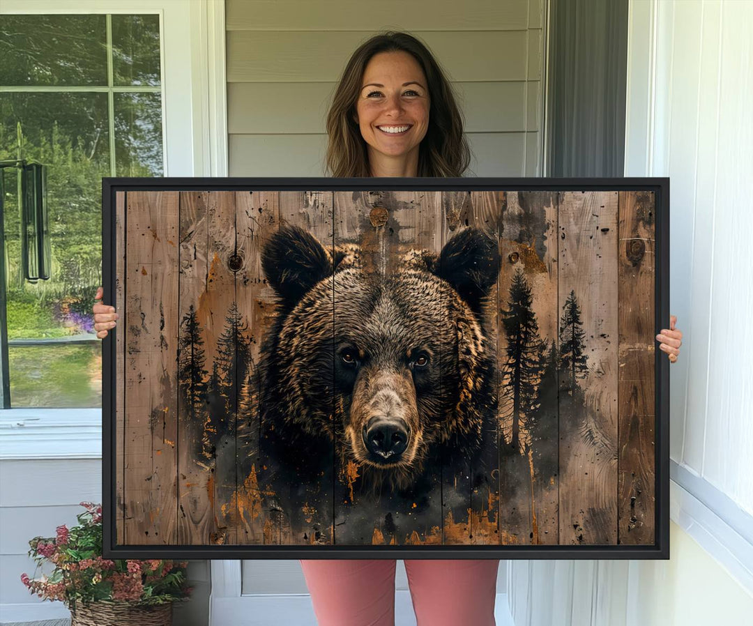 The bedroom showcases the Rustic Grizzly 399 Wall Art, a triptych canvas print that brings woodland charm to the space with its striking depiction of a bear. Elegantly displayed on a wooden wall, it enhances the rustic cabin feel.