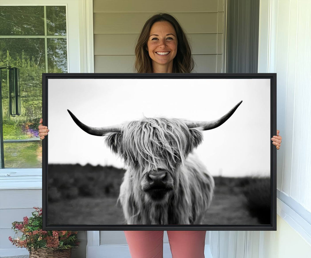 Highland Cow Wall Art: A black and white triptych canvas print, ideal for enhancing farmhouse or rustic barn decor.