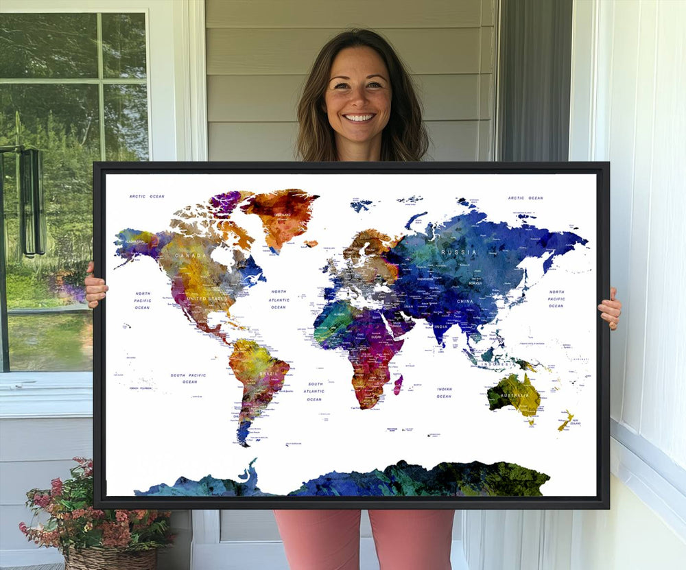 Colorful World Map Canvas: vibrant hues on white, showcasing country names—ideal modern decor for any space.