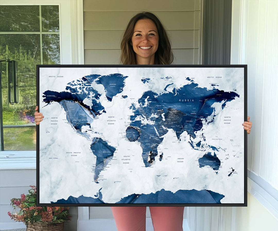 Navy Blue World Map with Antarctica Canvas: A perfect abstract home decor piece featuring a grunge-stained background.