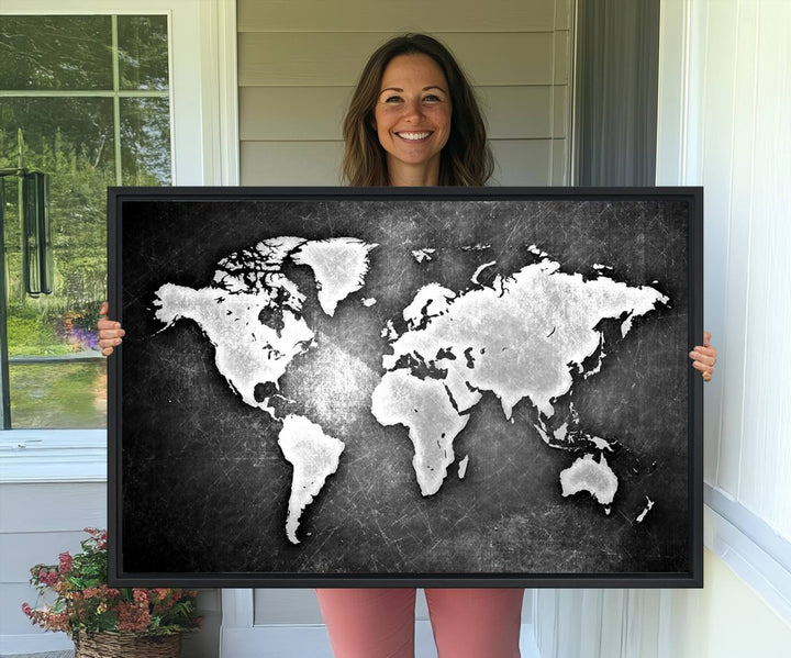 Black & White 3-Panel Framed World Map Canvas Art with Grunge Design.