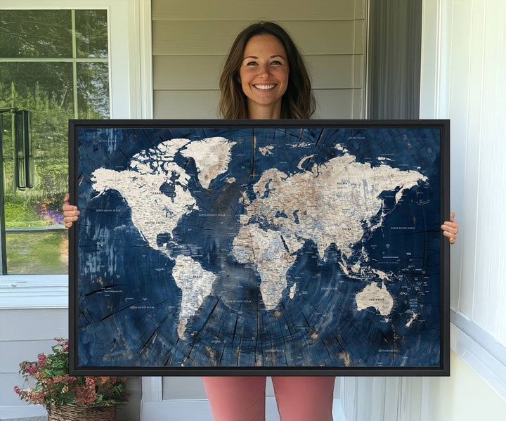 Rustic World Map Wall Art Canvas: Features a vintage blue design with a wood texture, highlighting continents in light hues.