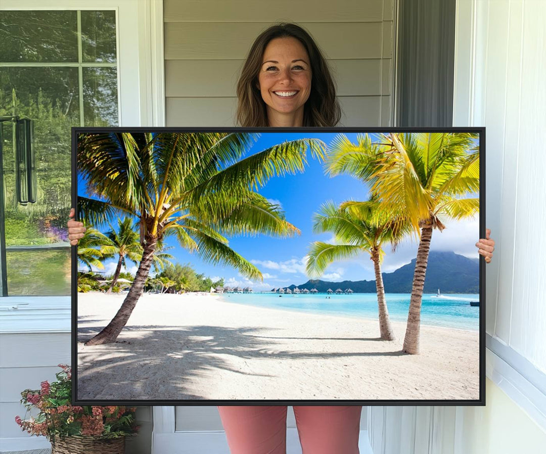 Blue Beach and Sea Wall Art Canvas Print: showcases a tropical scene with palm trees, white sand, and turquoise water.