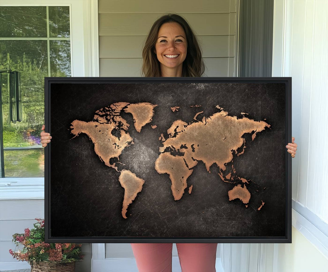 The Modern World Map on a metallic black canvas creates a striking effect.