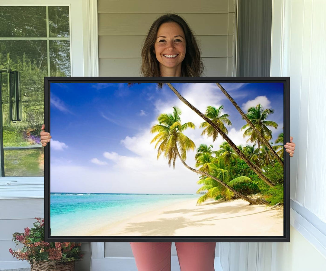 Tropical Beach Canvas: Palm Trees & White Sand Shore Decor, Vibrant Coastal Print, Ready to Hang.