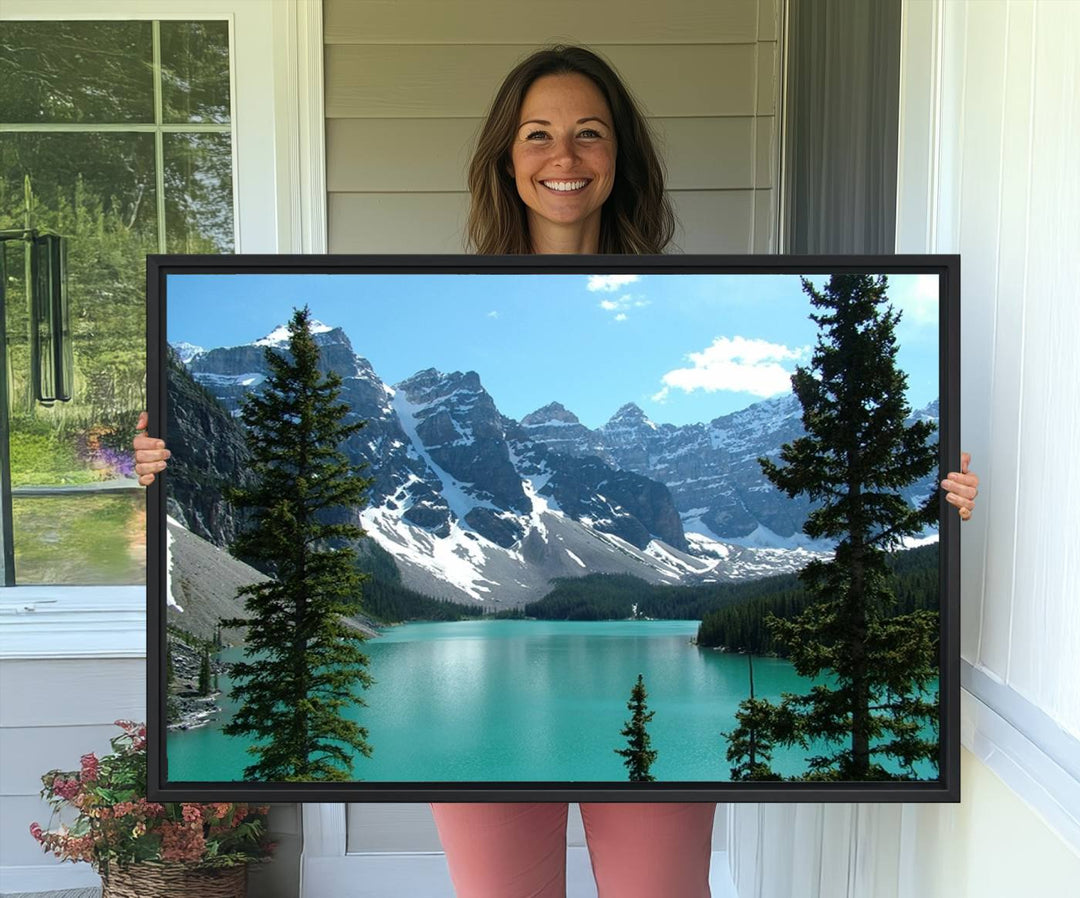 Canadian Rockies Moraine Lake Landscape Canvas Print showcasing a turquoise lake and mountain view.