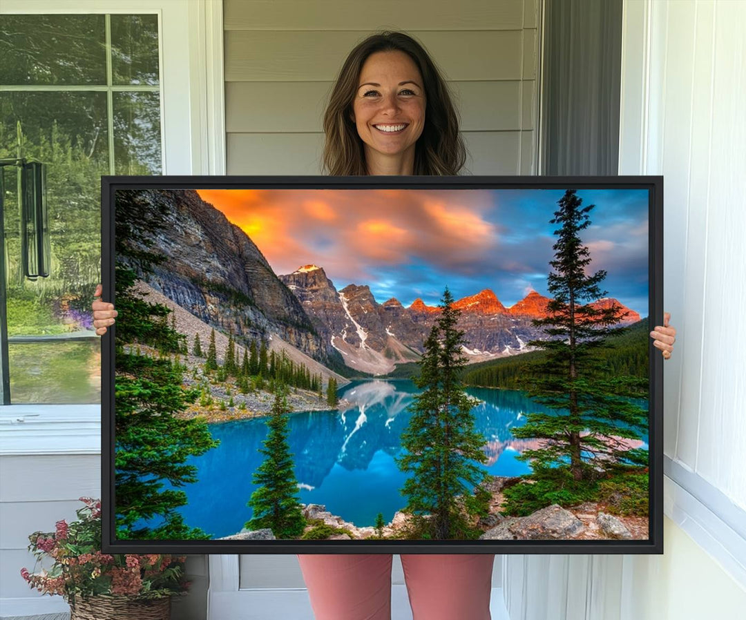 A kitchen featuring a Canadian Rockies Moraine Lake Wall Art Canvas Print displayed on the wall.