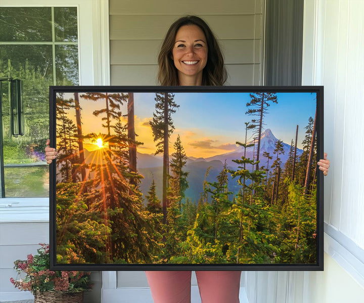 The kitchen features a Red Leaves on Trees landscape canvas print, perfect for nature lovers.