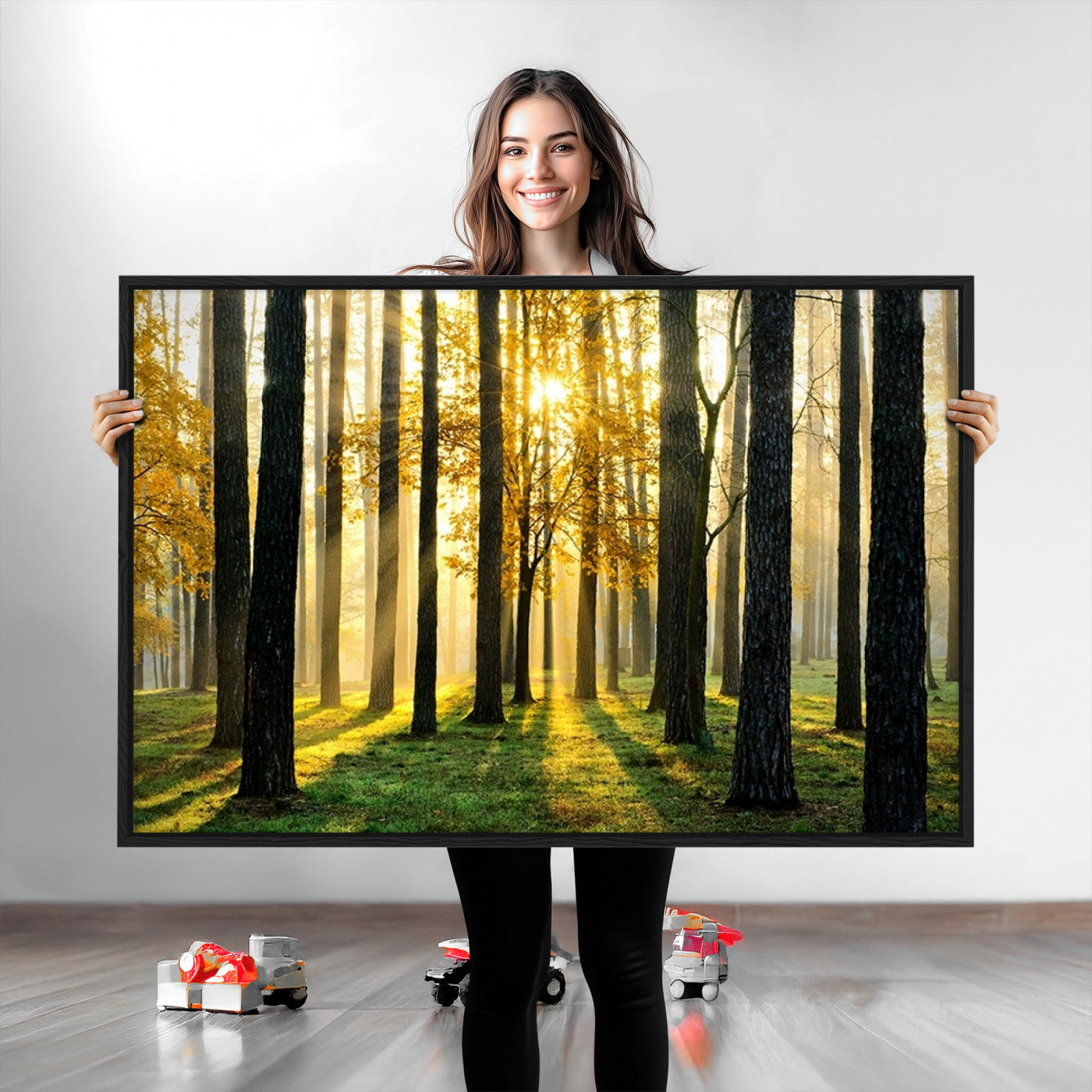 60024-MGV-CV-36X24-Sunlit Forest Wall Art Canvas Print - Large Framed Woodland Wall Art for Home or Office Decor, Rustic Nature Scene with Golden Light
