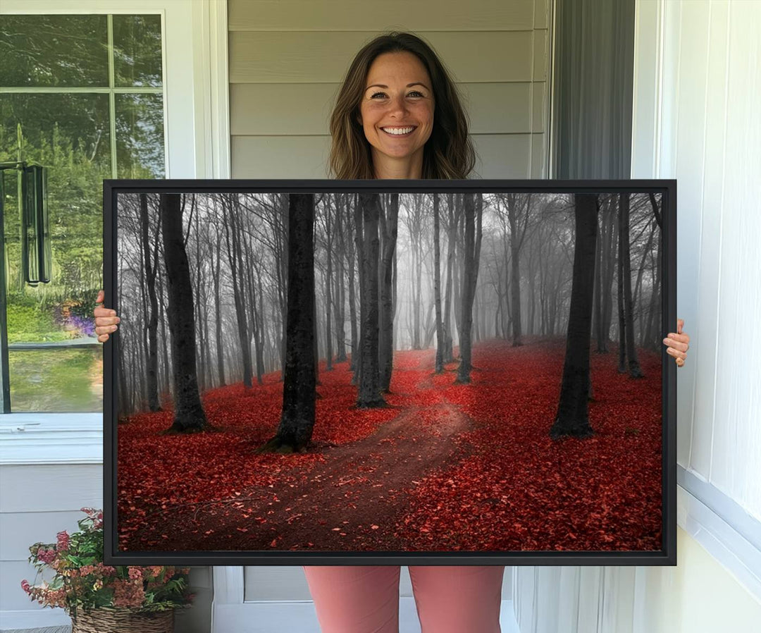 Wonderful Forest artwork: Triptych with red leaves, ideal for nature lovers.