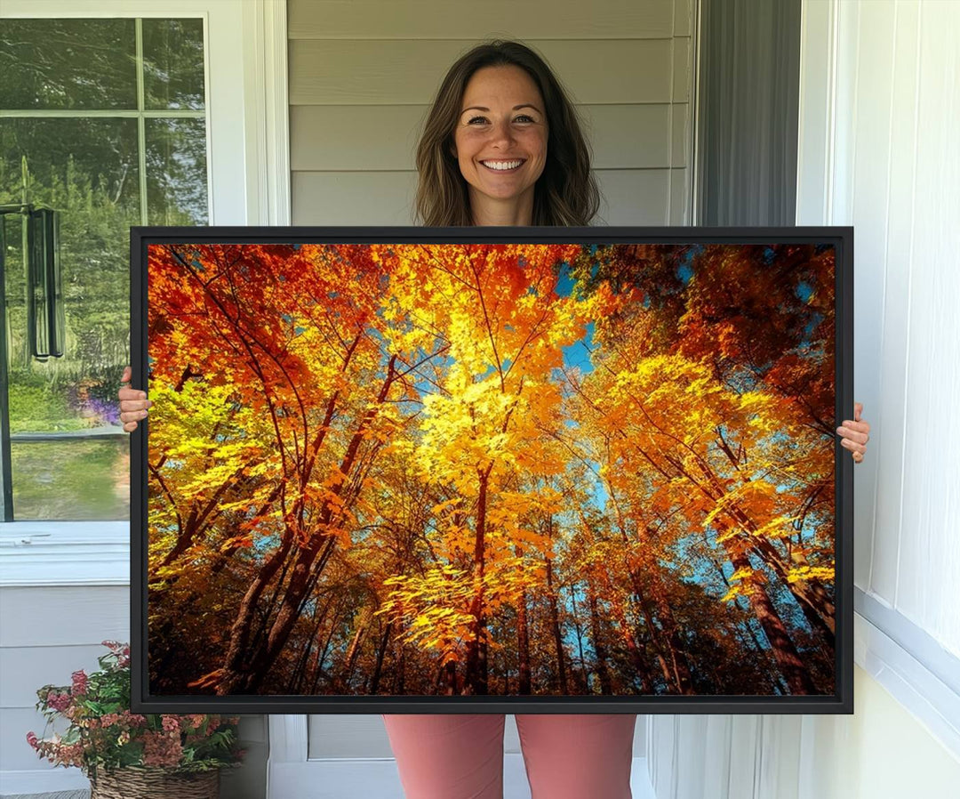 Forest View at Fall Wall Art hangs prominently, showcasing its beauty.