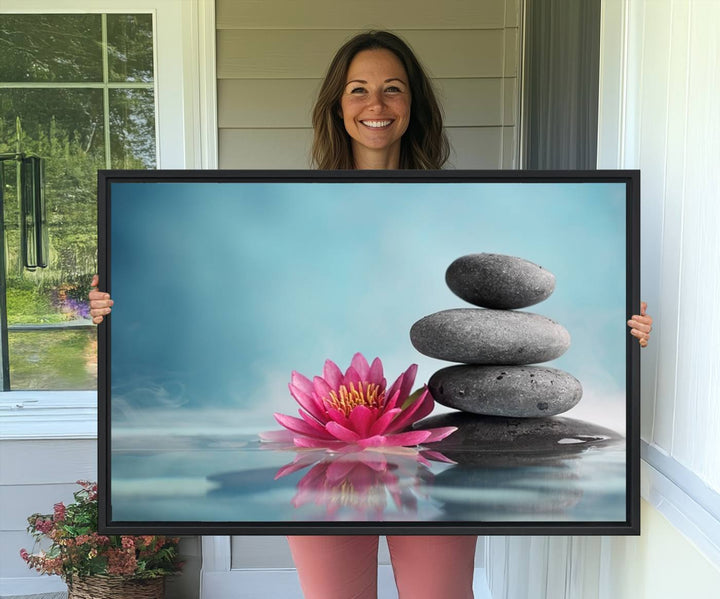 The dining room features a Zen Serenity Triptych wall art, showcasing a calming depiction of lotus flowers and balancing stones.