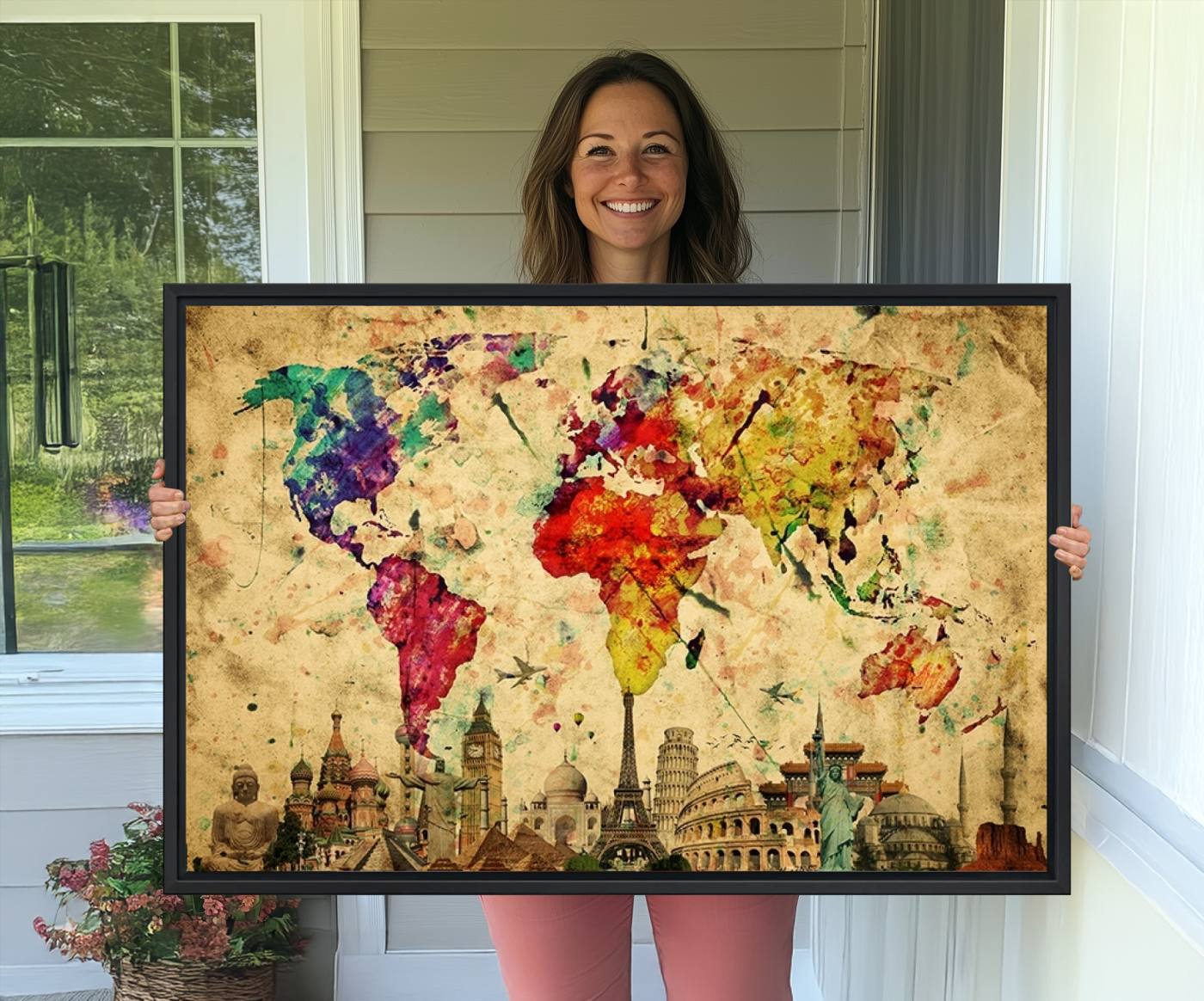 34595-MGV-CV-36X24-Push Pin World Map Canvas Print – Framed Travel Map Wall Art for Couples, Anniversary Gift, Modern Home or Office Decor