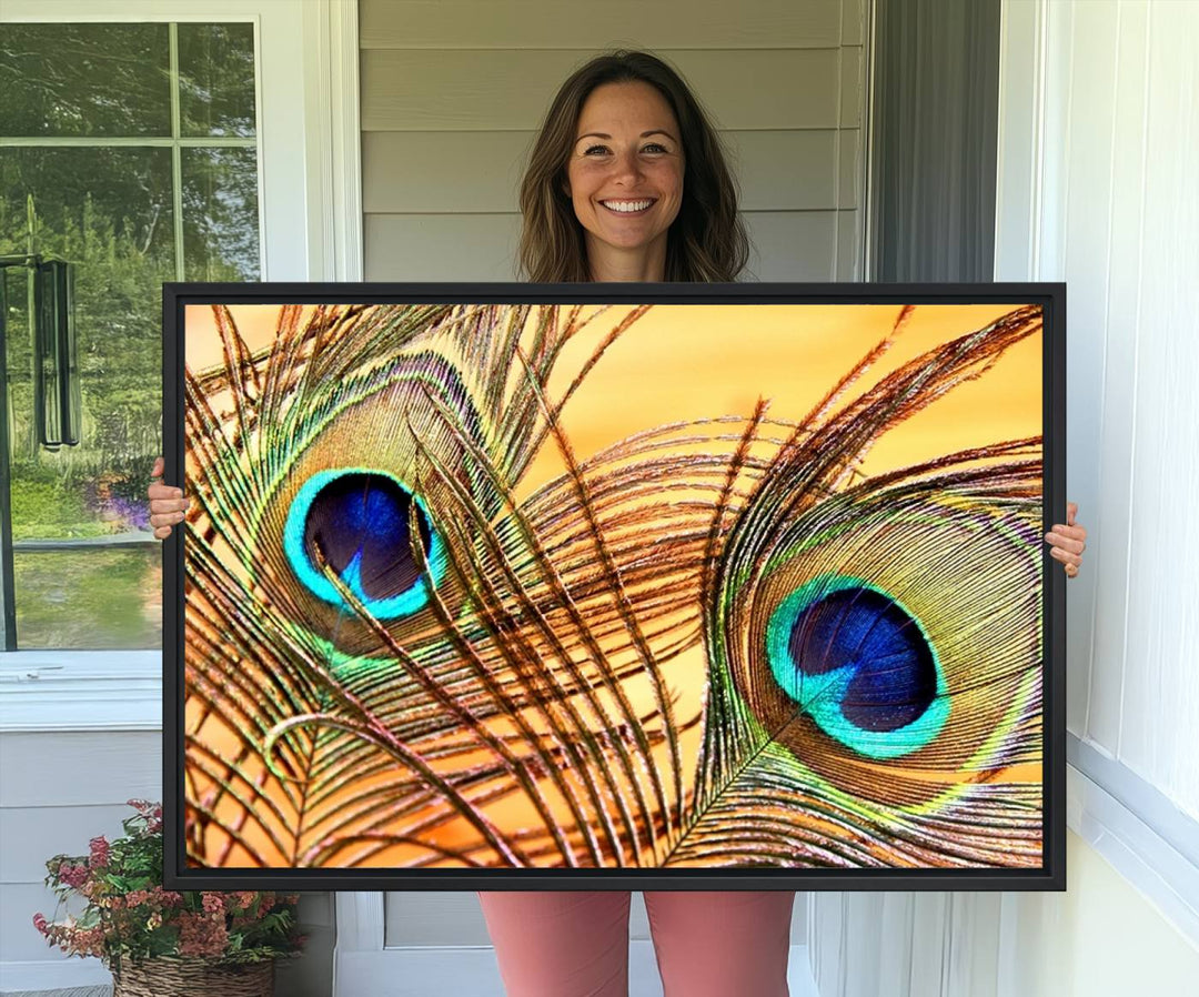 The room features vibrant peacock feather wall art.