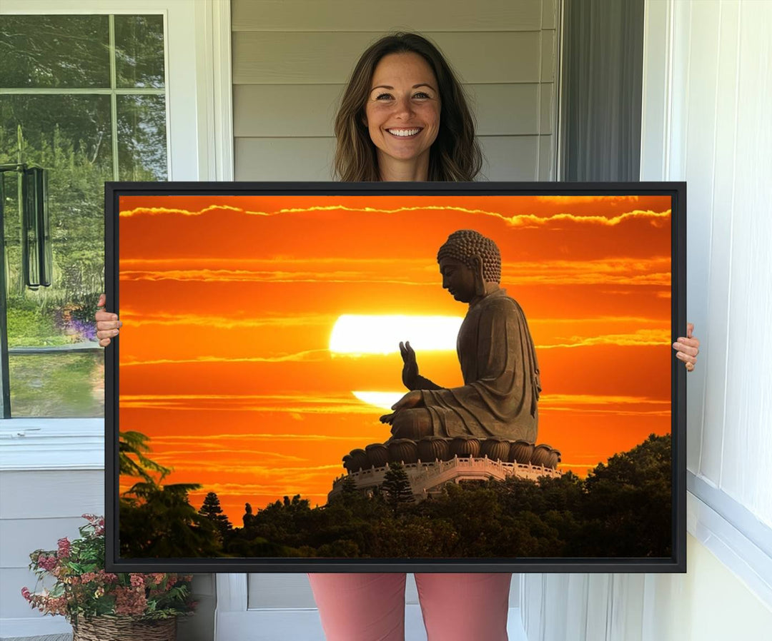 The Buddha Statue at Sunset canvas print adds serenity to the space.