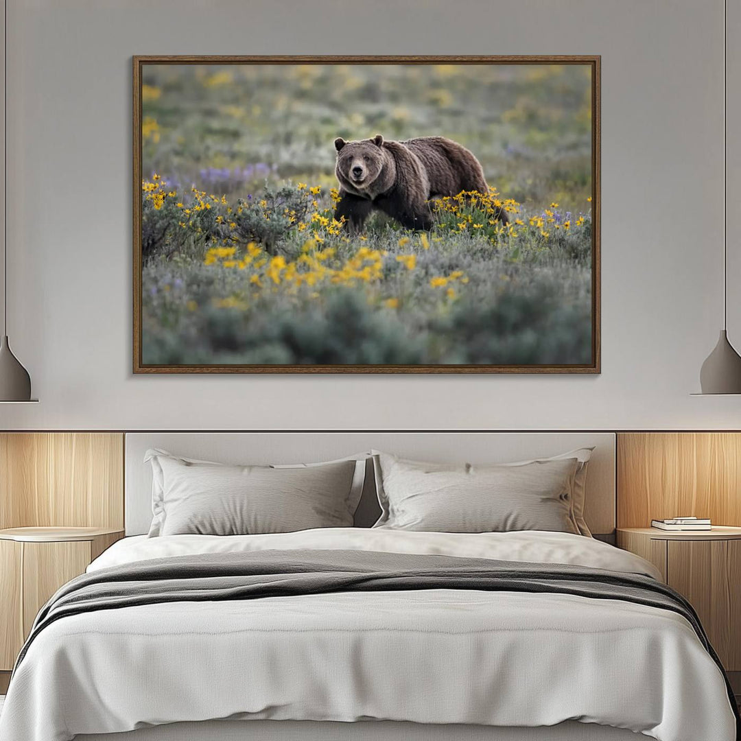 The "Grizzly 399 in Wild Flowers Wall Art Canvas Print" features a grizzly bear strolling through a field of yellow and purple flowers, beautifully showcased as a triptych. This handcrafted piece, proudly made in the USA, adds charm and sophistication to your space.