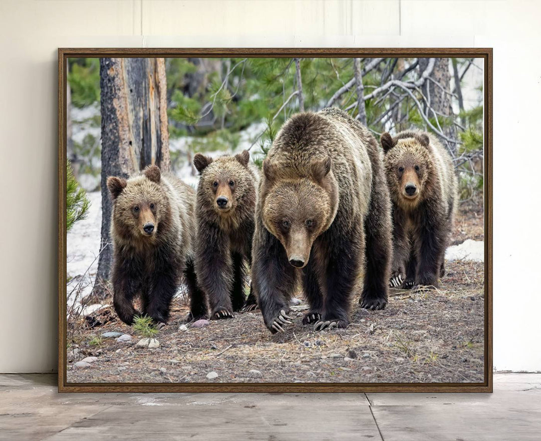 The wall art, a breathtaking canvas print titled "Queen of the Tetons," features 399 Grizzly Bear Cubs majestically captured in a forest setting. It is printed on premium canvas and handmade in the USA.