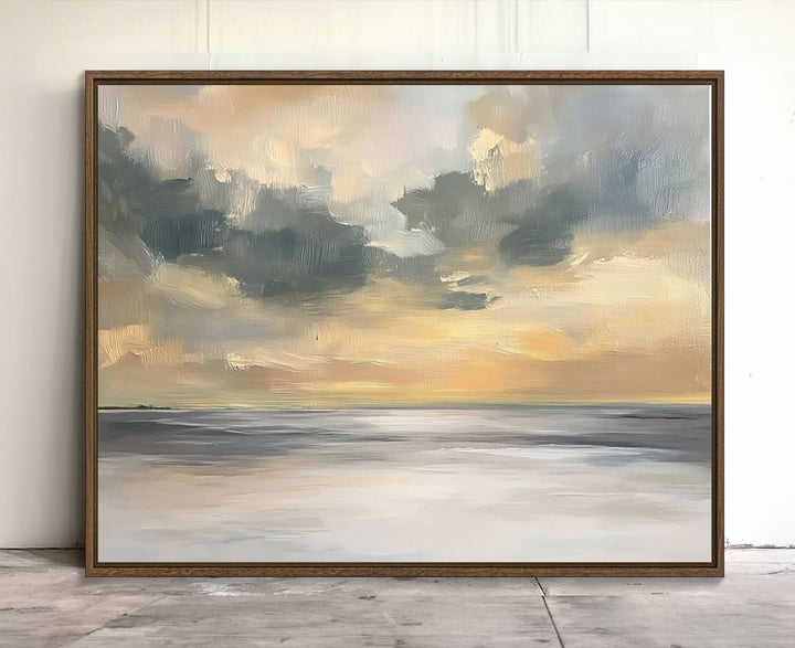 The Modern Coastal Wall Art Canvas Print features vibrant abstract ocean waves and clouds.