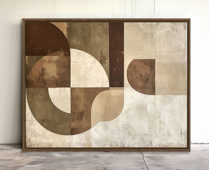 A Wabi Sabi Geometric Minimalist Wall Art Canvas Print—with a modern abstract geometric design in brown and beige tones—stands proudly in front of a house.