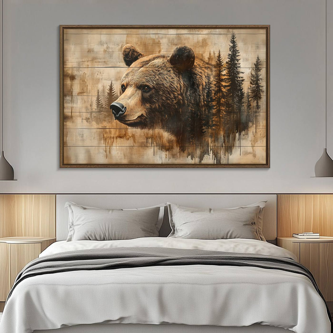 The Three-panel Abstract Grizzly 399 Bear Wall Art Canvas Print, depicting a bear and woodland scene, enriches the farmhouse decor with its wooden texture.