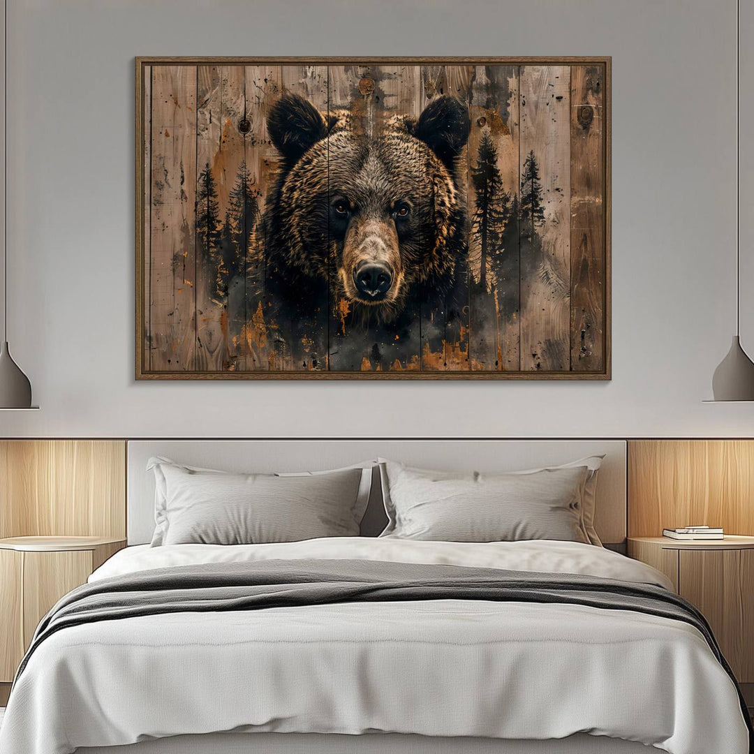 The bedroom showcases the Rustic Grizzly 399 Wall Art, a triptych canvas print that brings woodland charm to the space with its striking depiction of a bear. Elegantly displayed on a wooden wall, it enhances the rustic cabin feel.