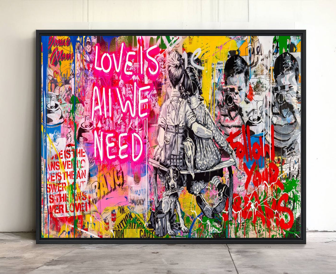 A vibrant and dynamic triptych features distorted horizontal lines, resembling graffiti street art. This artwork conveys the themes of "Follow Your Dreams" and "Love is All We Need" across three colorful panels.