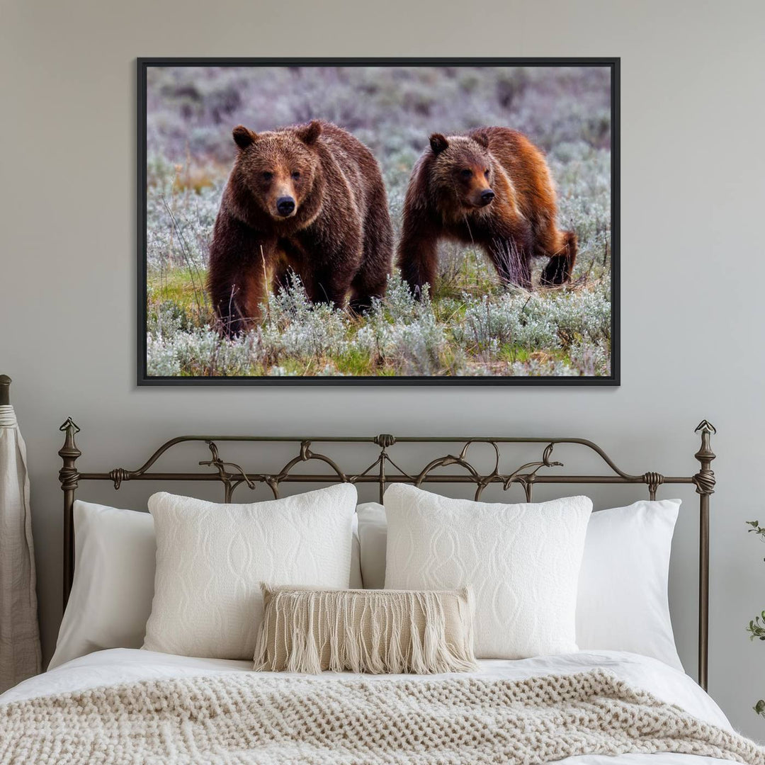 The "Grizzly 399 in Wild Flowers" wall art canvas print, showcasing grizzly bears amidst vibrant wildflowers, elegantly captures the enchanting essence of nature. This handmade piece from the USA brings striking beauty to any space.