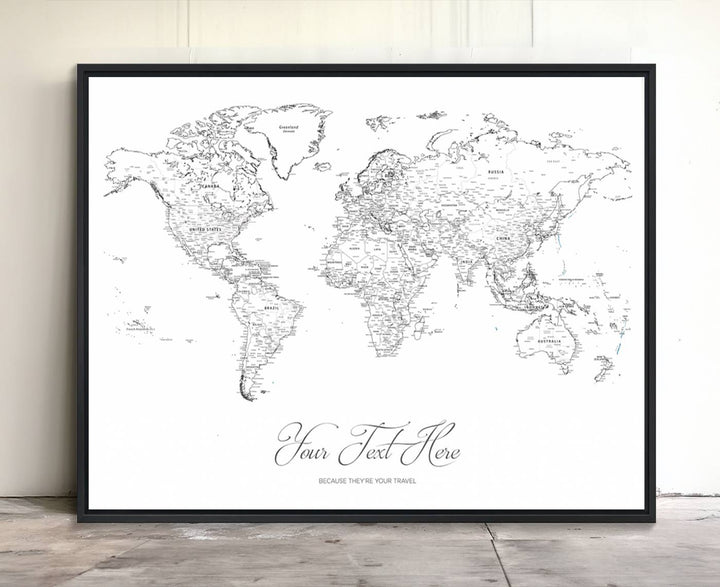 A large Framed Push Pin Mini World Travel Map Wall Art Print features customizable text and is designed as a premium cork pin board canvas with labeled countries for a gallery-quality finish.