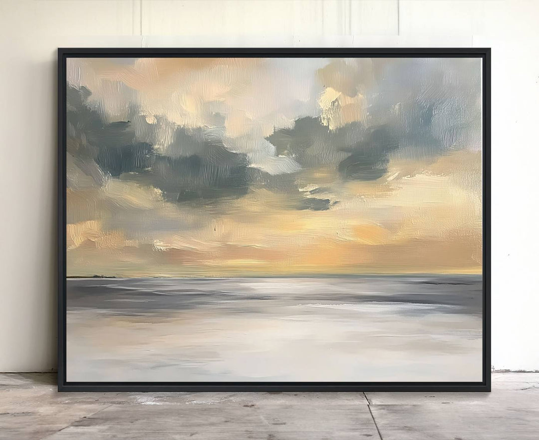 The Modern Coastal Wall Art Canvas Print features vibrant abstract ocean waves and clouds.