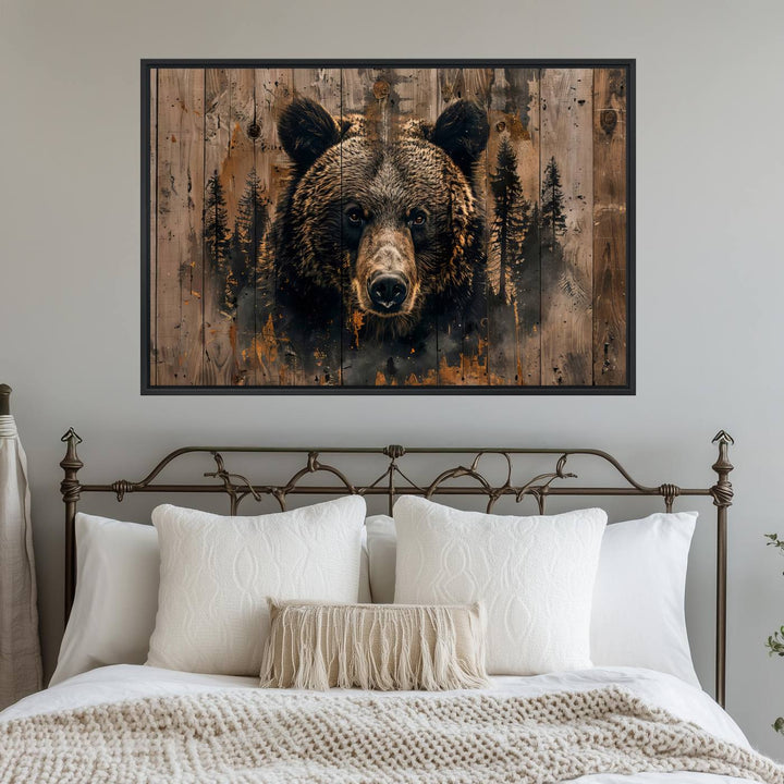 The bedroom showcases the Rustic Grizzly 399 Wall Art, a triptych canvas print that brings woodland charm to the space with its striking depiction of a bear. Elegantly displayed on a wooden wall, it enhances the rustic cabin feel.