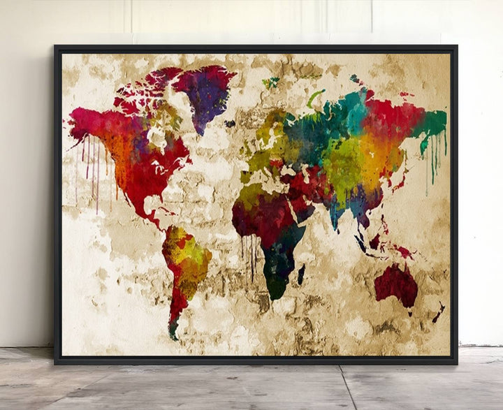 The Rainbow Colored Vintage World Map Canvas Print decorates the room.