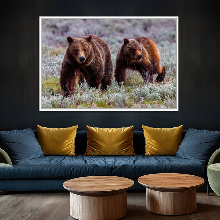 The "Grizzly 399 in Wild Flowers" wall art canvas print, showcasing grizzly bears amidst vibrant wildflowers, elegantly captures the enchanting essence of nature. This handmade piece from the USA brings striking beauty to any space.