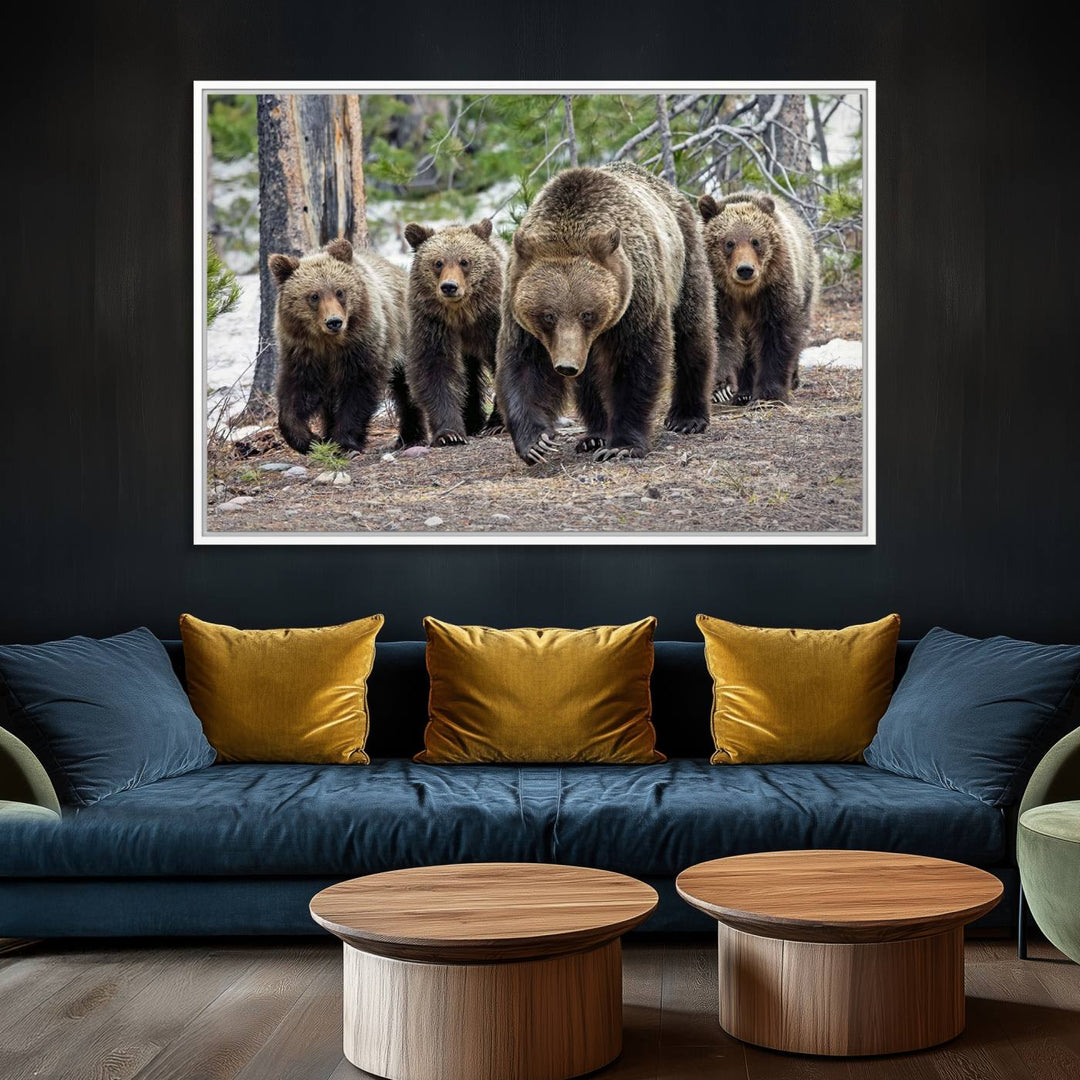 The Grizzly 399 and Cubs in Wild Flowers Wall Art Canvas Print, depicting grizzly bears amidst wildflowers, is elegantly displayed.