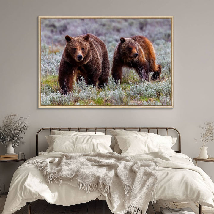 The "Grizzly 399 in Wild Flowers" wall art canvas print, showcasing grizzly bears amidst vibrant wildflowers, elegantly captures the enchanting essence of nature. This handmade piece from the USA brings striking beauty to any space.