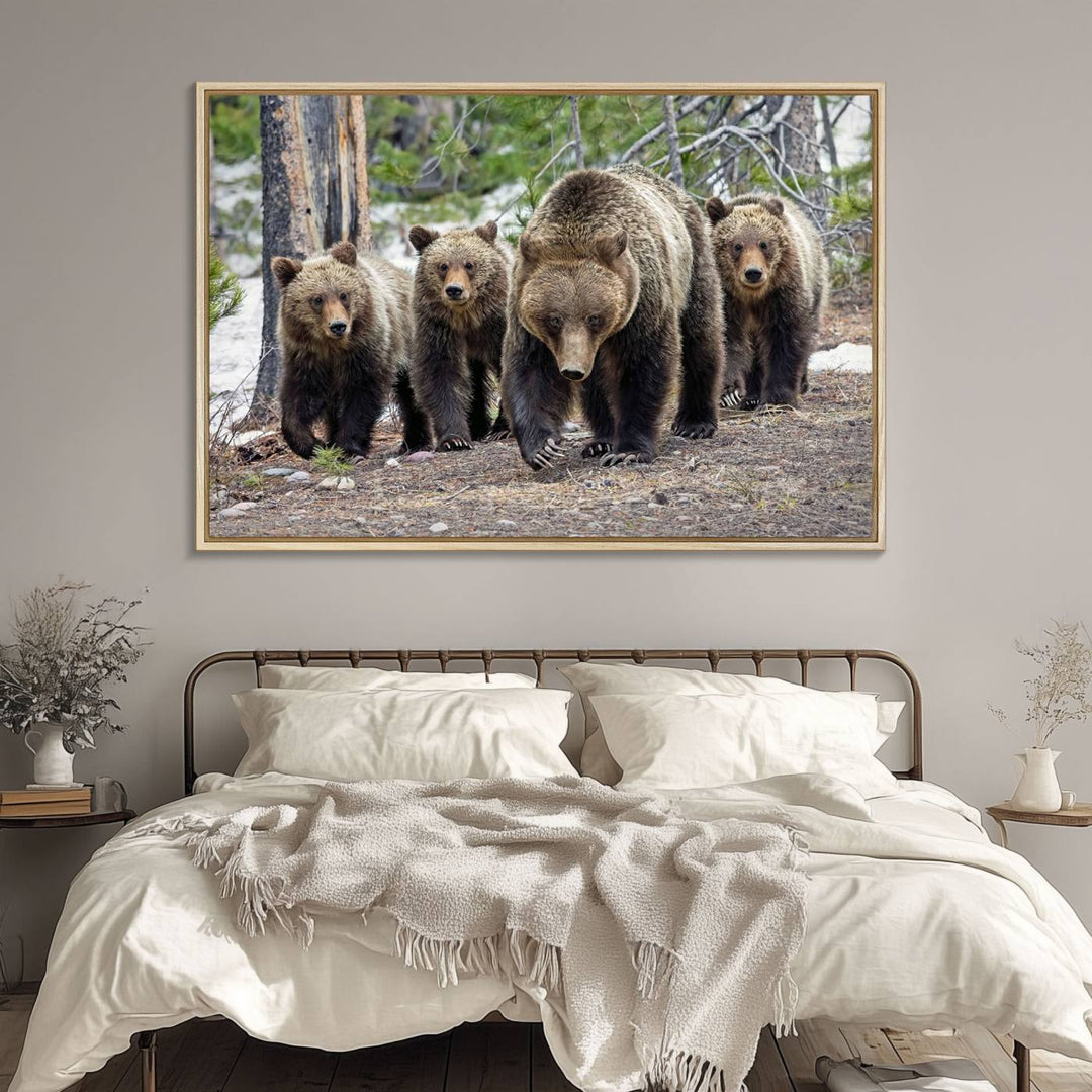 The Grizzly 399 and Cubs in Wild Flowers Wall Art Canvas Print, depicting grizzly bears amidst wildflowers, is elegantly displayed.